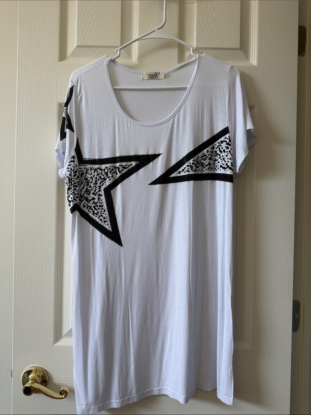 Julia White Short-Sleeve Tunic with Black Star Accents